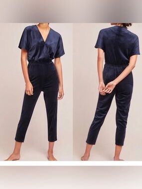 Anthropologie Saturday Sunday blue velvet stretchy jumpsuit loungewear